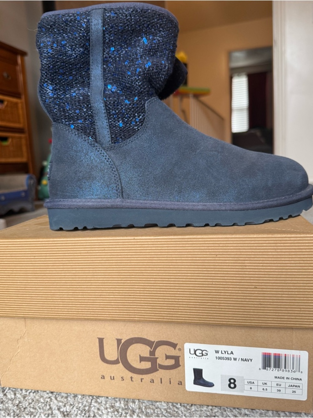 UGG Navy Short Suede Boot with Sparkle Knit Cuff
